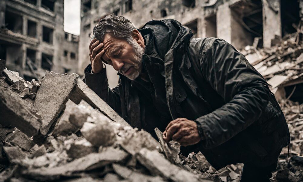 Man escaping collapsed building